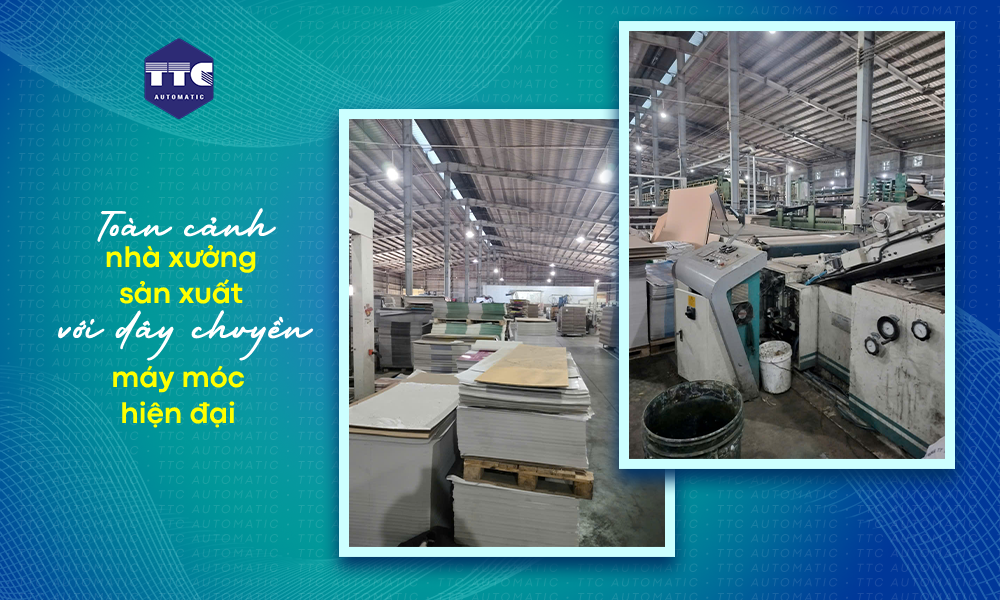 Toàn cảnh nhà xưởng sản xuất với dây chuyền máy móc hiện đại.